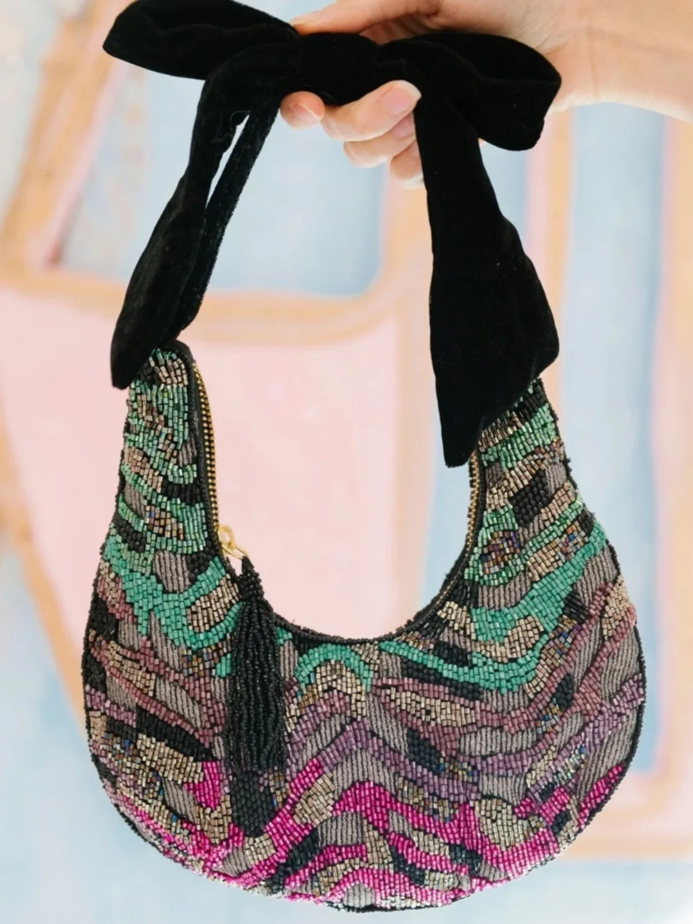 NWT Beaded Multicolor Crescent Shoulder Bag with Black Velvet Tie